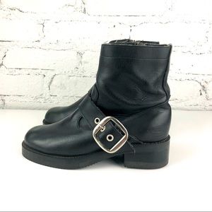 Vintage Black Leather Moto Combat Boots with Silver Buckle